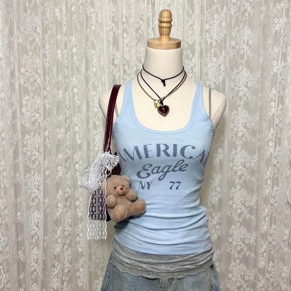 American Eagle Outfitters Tops - American Eagle‎ Baby Blue Tank Top Size XS Summer Graphic Preppy Lounge